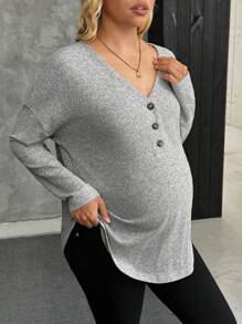 SHEIN Camiseta casual de manga larga de botones y media solapa en unicolor para maternidad, otoño/invierno