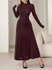 Seusyu 女士简约长款针织高领 A 字形毛衣连衣裙 - 咖啡棕 - 查看 6