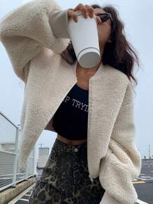 DAZY 1pc Women Plus Fleece Thick Solid Color Baseball Jacket, Warm For Winter,Fall Women Clothes - Beige - View 6