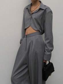 DAZY 2pcs/Set Women's Solid Color Shirt With Collar & Casual Long Pants