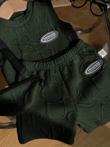 SHEIN Playful Pals 3 件装男婴休闲简约运动 3D 字母图案背心和短裤套装（带包），适合户外、春夏季 - 軍綠色 - 查看 5