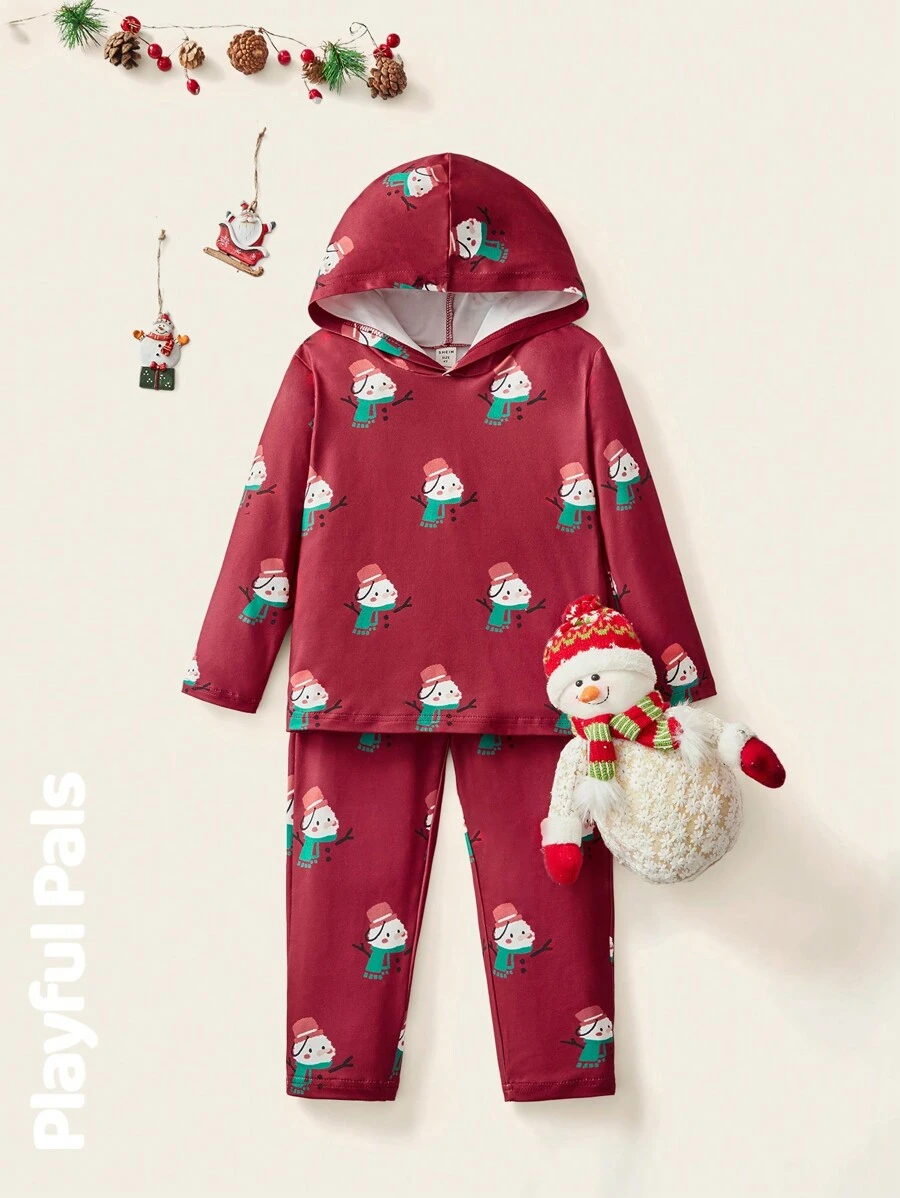 SHEIN 1 bộ Áo hoodie dài tay in hình người tuyết dễ thương/cổ điển/hài hước/hoạt hình cho cả nam và nữ và quần dài, phù hợp cho bé trai và bé gái, Giáng sinh, Xuân/Thu/Đông - Đỏ - Xem 1