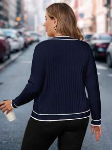SHEIN Clasi Plus Size Women's Elegant Colorblock Ribbed Trim Crew Neck Button Cardigan For Autumn, For Winter - Navy Blue - View 2