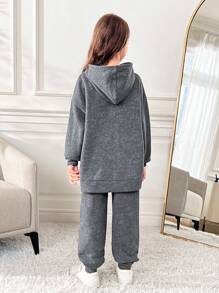 SHEIN Bộ 2 quần áo hoodie và quần dài thoải mái, giản dị cho bé gái tuổi teen, trang phục tối giản đa năng - Xám - Xem 2