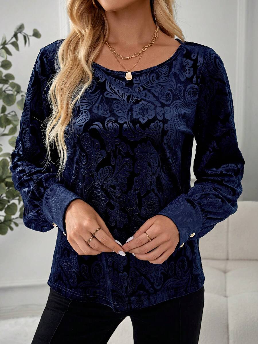 EMERY ROSE Áo thun nữ tay dài thanh lịch màu xanh dương chất liệu nhung, thích hợp mặc trong dịp Lễ Tạ ơn. - Màu xanh hải quân - Xem 1