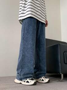 Claim Dot Men's Light Blue Distressed Wide Leg Denim Knit Jeans - Light Wash - View 6