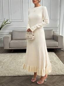 EURMUSE Elegant Raffle Detail On The Hem Crew Neck Rib Knit Maxi Sweater Dress - White - View 2