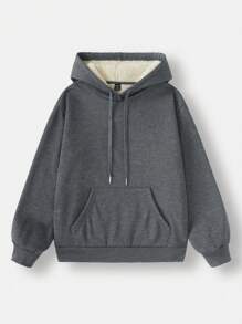SHEIN EZwear 女款深灰色休閒寬鬆厚抓絨保暖運動衫，附口袋，適合秋冬穿著 - 灰色 - 查看 4