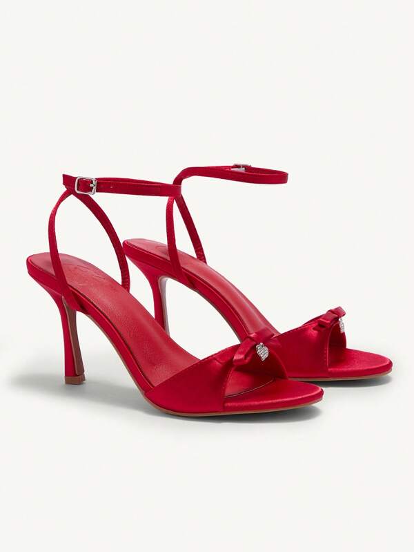 CUCCOO CHICEST Women Satin Fabric Butterfly Decor Round Toe 9cm High Heel Sandals, Elegant & Sexy, Red Color, For Party & Evening Wear