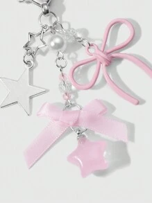 ROMWE Kawaii 1pc Ins Style Cute Girl's Elegant High-Quality Silver Chain Faux Pearl Pink Ribbon Acrylic Bowknot Star Keychain, Suitable For Women And Girls, Daily Wear And Festival Gift Valentines
