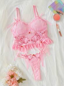 2pcs Lace Trim Lace Patchwork Lingerie Set, Women Sexy Brassiere