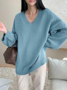 DAZY Women's Solid Color Loose V-Neck Long Sleeve Sweater, Casual Everyday Wear, Autumn/Winter,Fall Women Clothes