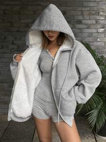 DAZY 女式纯色宽松连帽长袖保暖拉链夹克，秋季女装