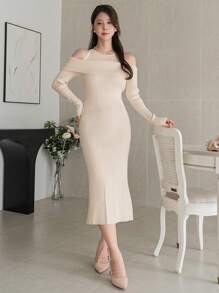DAZY 1 pieza Vestido de suéter ajustado con hombros abiertos de unicolor para mujer, con volantes, ropa de otoño - Albaricoque - Ver 8
