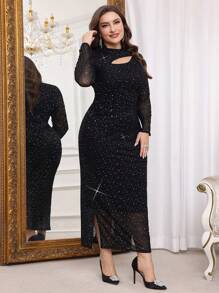 Modelyn Robe de soirée longue élégante à manches longues, coupe moulante, col montant avec empiècement ajouré en maille, décoration de strass, taille grande