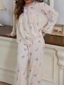 浪漫荷叶边蝴蝶结装饰紫色花卉印花雪纺女士睡衣套装 - 杏色 - 查看 3