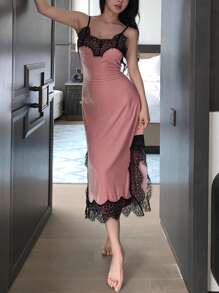 DAZY 1pc Velvet Patchwork Contrast Lace Bodycon Slip Dress Pajama - Pink - View 1