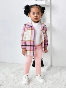SHEIN 3-delige set met geruite babyjas voor meisjes, elastische taillebroek en witte gebreide basislaag, herfst/winter