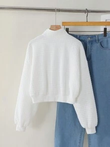 SHEIN Girlism Áo nỉ ngắn có khóa kéo cổ đứng dệt kim màu trắng trơn thường ngày dành cho bé gái tuổi teen - trắng - Xem 6
