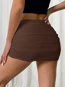 SHEIN EZwear Váy mini bodycon lưới xếp nếp cạp siêu thấp màu trơn cho nữ - màu nâu - Xem 2