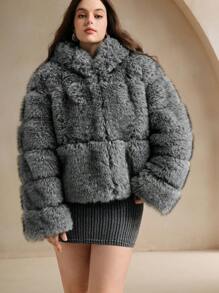 Anewsta Women Plus Size Elegant Modern Fluffy Hooded Short Jacket - Light Grey - View 6