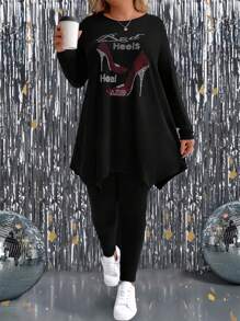 SHEIN LUNE 2 件套大码水钻字母印花长袖上衣和紧身裤，休闲秋季服装