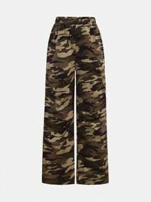 SHEIN Girlism Conjunto informal de 2 piezas para adolescentes: sudadera con capucha con bloque de color y estampado de letras + pantalones holgados de camuflaje, estilo callejero, de vuelta al colegio