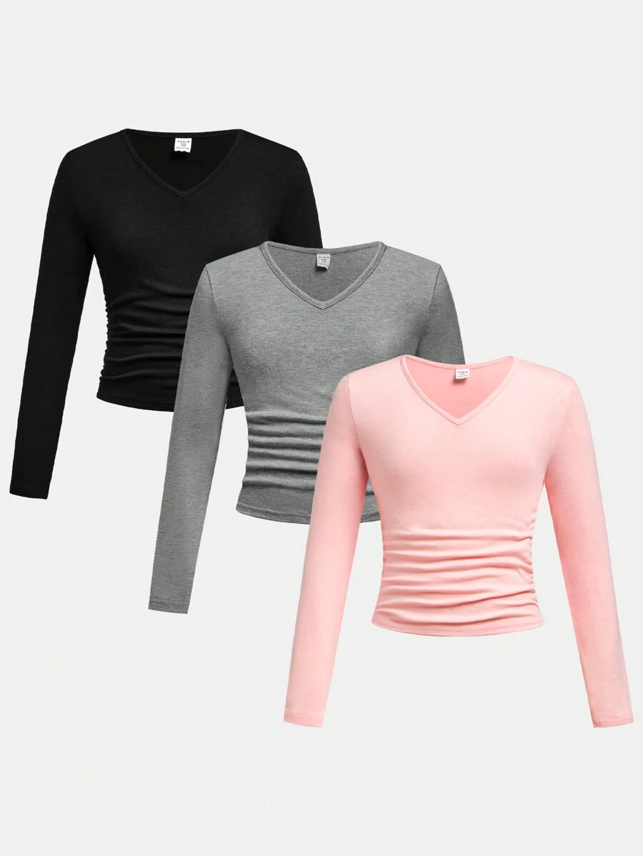 SHEIN 3pcs/Set Tween Girls' Casual Solid Color V-Neck Long Sleeve Knit Base Layer Top For Fall/Winter - Baby Pink - View 1