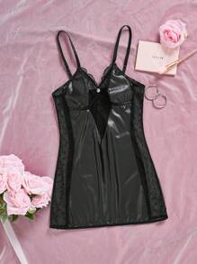 SHEIN Opulent Queen Camisón sexy para mujeres con malla de lunares, parches de piel de PU, colgante de diamantes, cómodo y transpirable