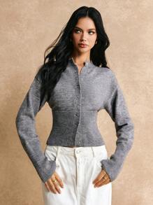 Poéselle Cárdigan de punto sencillo de unicolor de manga larga con botones delanteros slim, gris, suéter corto de mujer, ropa de invierno para mujer, ropa de otoño para mujer, FW24
