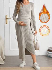 SHEIN 孕妇不对称领口长袖针织系带修身连衣裙，适合秋季正式场合 - 杏色 - 查看 1