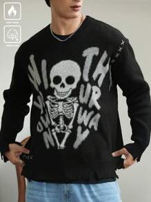 Manfinity Hypemode Skull & Letter Print Crew Neck Long Sleeve Knitted Sweater