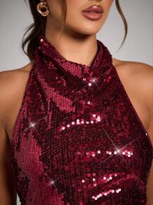 SHEIN BAE 性感华丽亮片罗马领红色连衣裙、礼服、红色连衣裙圣诞女装、优雅礼服婚礼、海盗礼服、红色迷你连衣裙、仙女礼服、万圣节女装、圣诞礼服、圣诞派对礼服 - 紅色 - 查看 4