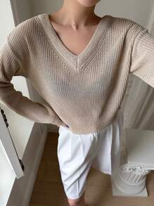 DAZY 女式纯色 V 领长袖休闲修身毛衣，秋季女装 - 卡其色 - 查看 3
