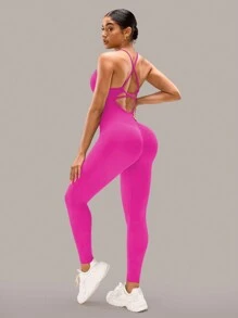 SHEIN Sports Bộ đồ liền thân thể thao bó sát không tay hở lưng màu trơn - Màu Hồng Tươi - Xem 5