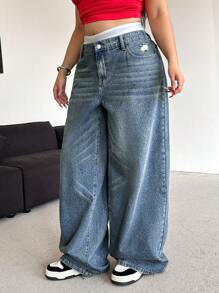 Dripcurv Quần jeans denim xanh cổ điển giặt sạch cỡ lớn dành cho nữ, quần jeans ống rộng rộng rãi, trang phục năm mới - Màu xanh lam - Xem 3