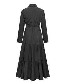 Women's Long Sleeve Solid Color Cinched Waist Ruffle Hem Midi Dress - Black - View 2