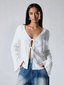 LYSMO Ramadan Women's Solid Color Long Sleeve Casual Tie Front Shirt