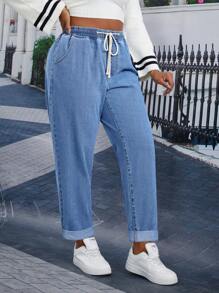 SHEIN Essnce Plus Size Front Tie Pocket Design Casual Denim Jeans - Blue - View 5