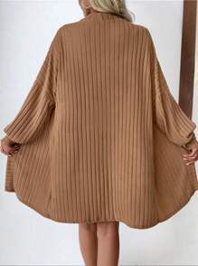 SHEIN LUNE Long Loose-Fit Cardigan With Wide Ribbed Drop Shoulder And Open Front Design - Mocha Brown - View 2