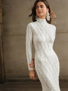 Anewsta Elegantes Weihnachten Jacquard Stehkragen Bodycon transparentes Fischhaut Maxikleid für Frauen
