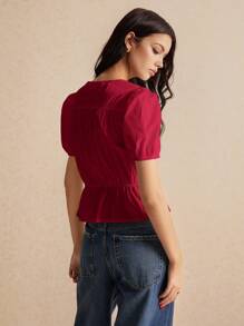 Poéselle 女士纯色简约日常系带袖泡泡袖衬衫，系带衬衫，泡泡袖，秋季衬衫，100% 纯棉，外套，娃娃装上衣，蝴蝶结衬衫，女士衬衫，商务休闲女装 - 玫瑰紅 - 查看 6