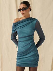 COSMINA Autumn/Winter Women Asymmetric Neck Long Sleeve Pleated Fitted Fashionable Mini Dress - Teal Blue - View 6