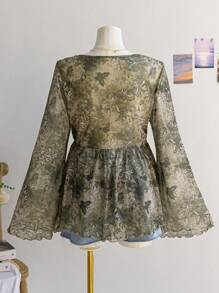 Soleia 大码复古度假风女装，复古绿色花卉印花针织网纱开襟收腰喇叭袖上衣，秋冬女装，感恩节女装，外出上衣，万圣节女装，秋季曲线款，返校节上衣，圣诞节女装，演唱会女装，嬉皮风，公主风女装，圣诞节女装上衣，外出上衣，秋季曲线款，墨西哥风女装上衣，长袖女式衬衫，长袖网纱上衣，女神装扮 - 彩色 - 查看 2