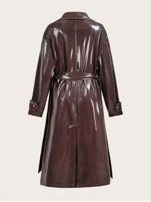 Slaydiva Women's Elegant Double-Breasted Glossy PU Trench Coat, Autumn