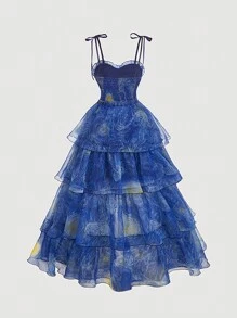 SHEIN MOD 加大码复古宫廷风格海军蓝梵高星空画印花女士连衣裙，适合舞会、派对、连衣裙套装 - 藍色 - 查看 2