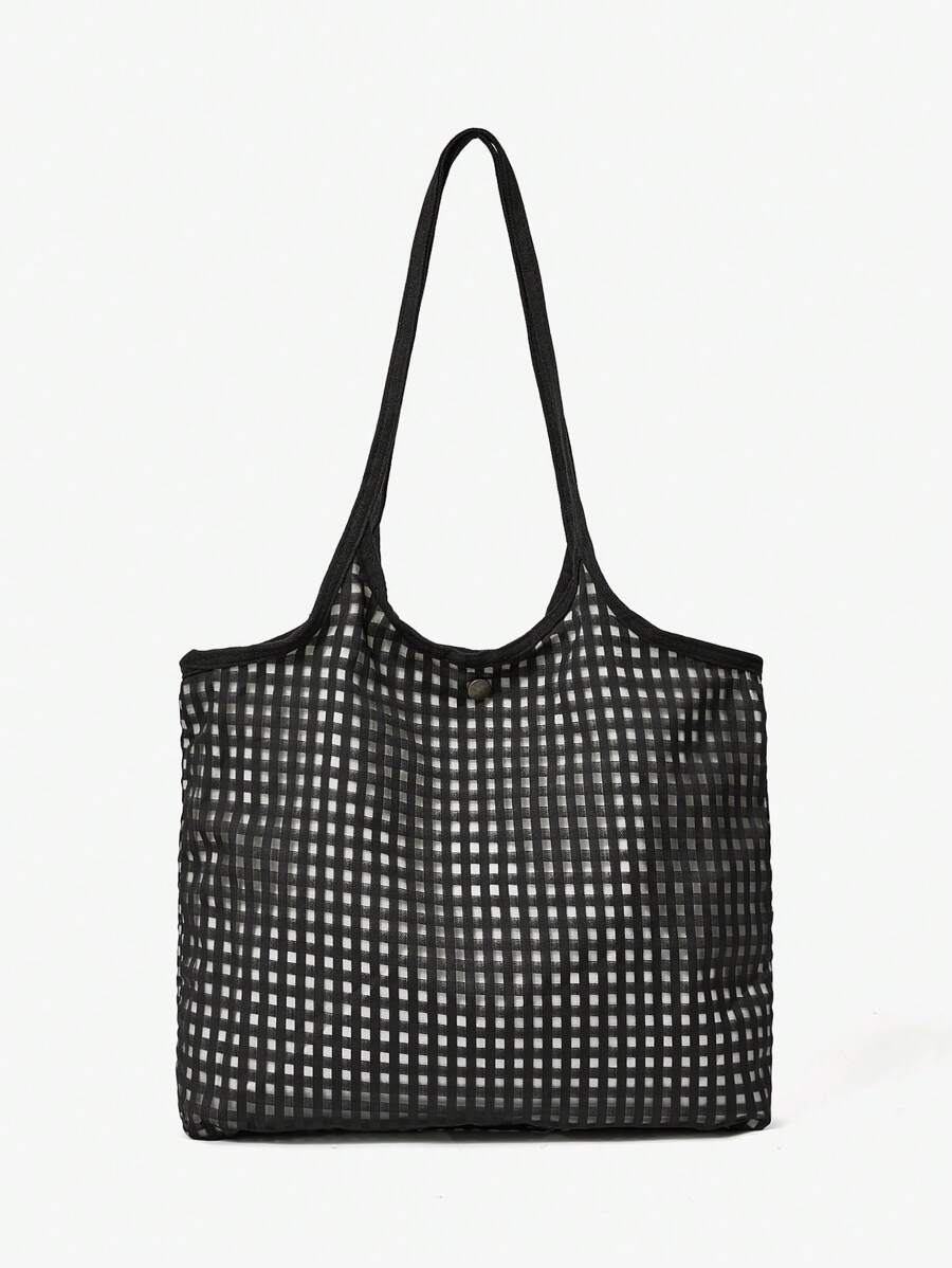 SHEIN MOD Große Kapazität karierte Shopper Tasche, für den täglichen, lässigen Gebrauch - Schwarz - Übersicht 1