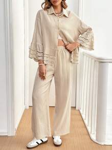 SHEIN Frenchy 2 件女士休闲单扣长袖 100% 纯棉衬衫和裤子套装，宽松版型，秋冬女装两件套秋季套装棕色套装女士秋季套装女士服装套装 - 杏色 - 查看 4