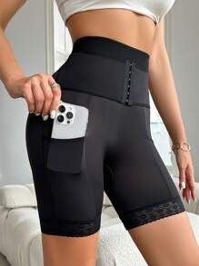 Comfortable Lace Splicing Breathable High Elasticity Shapewear Pants - Black - View 3