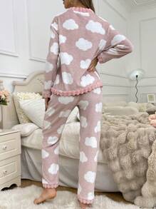 Cloud Pattern Plush Women Fluffy Pajama Set, Fall Winter Clothes, Cozy - Multicolor - View 2